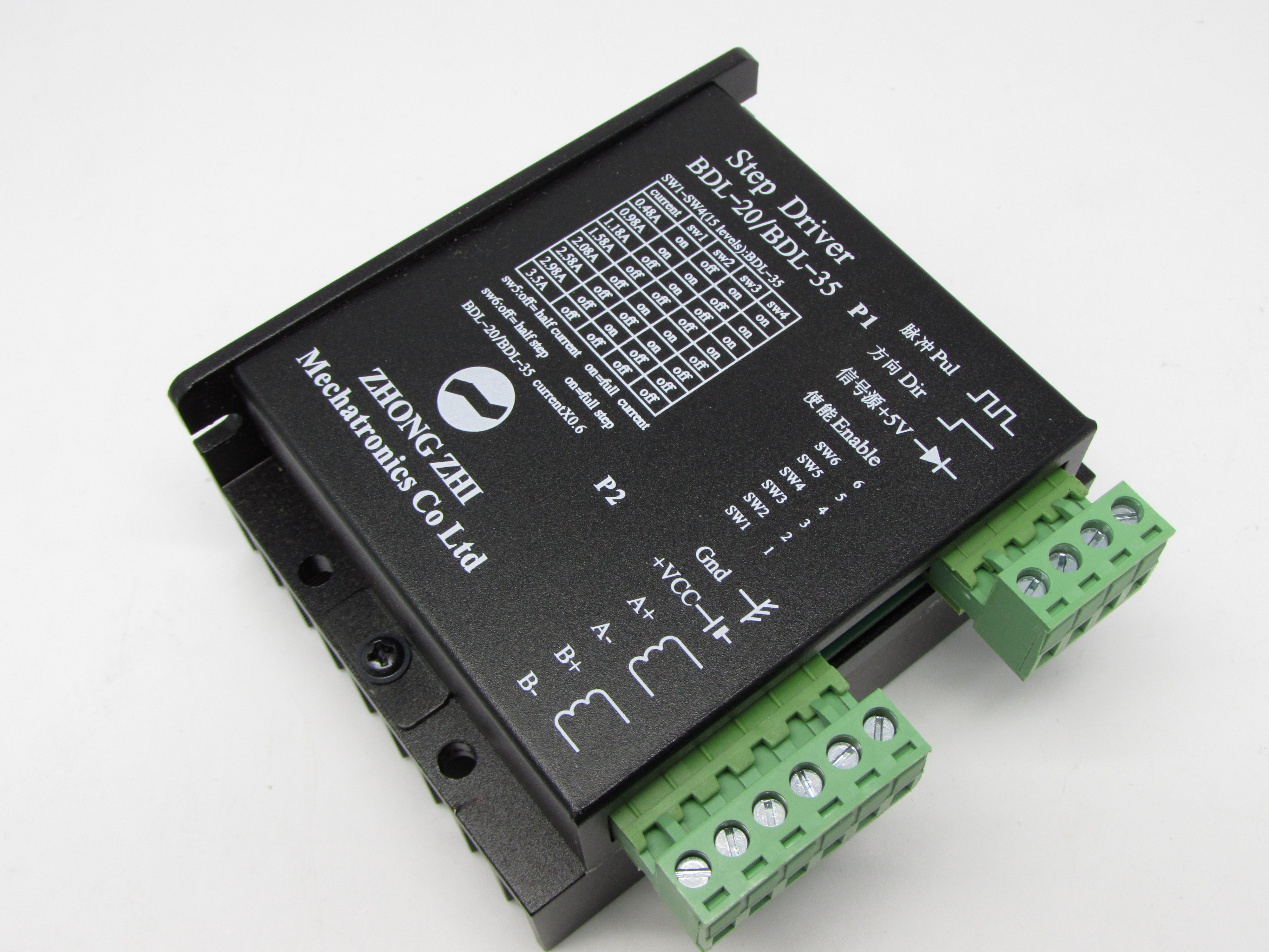 STEPPER MOTOR DRIVER (BDL-20)
FEATURES
POWER SUPPLY:15-40V DC T/VOL:DC:24V
PHASE CURRENT: 0.48-2.0A
SLELECTABLE RESOLUTIONS:FULL STEP AND HALF STEP
TTL COMPATIBLE
SUITABLE FOR 2PHASE SERIES MOTORS:20,28,35,39,42,57
T/DIMENSION: 96*76*45MM