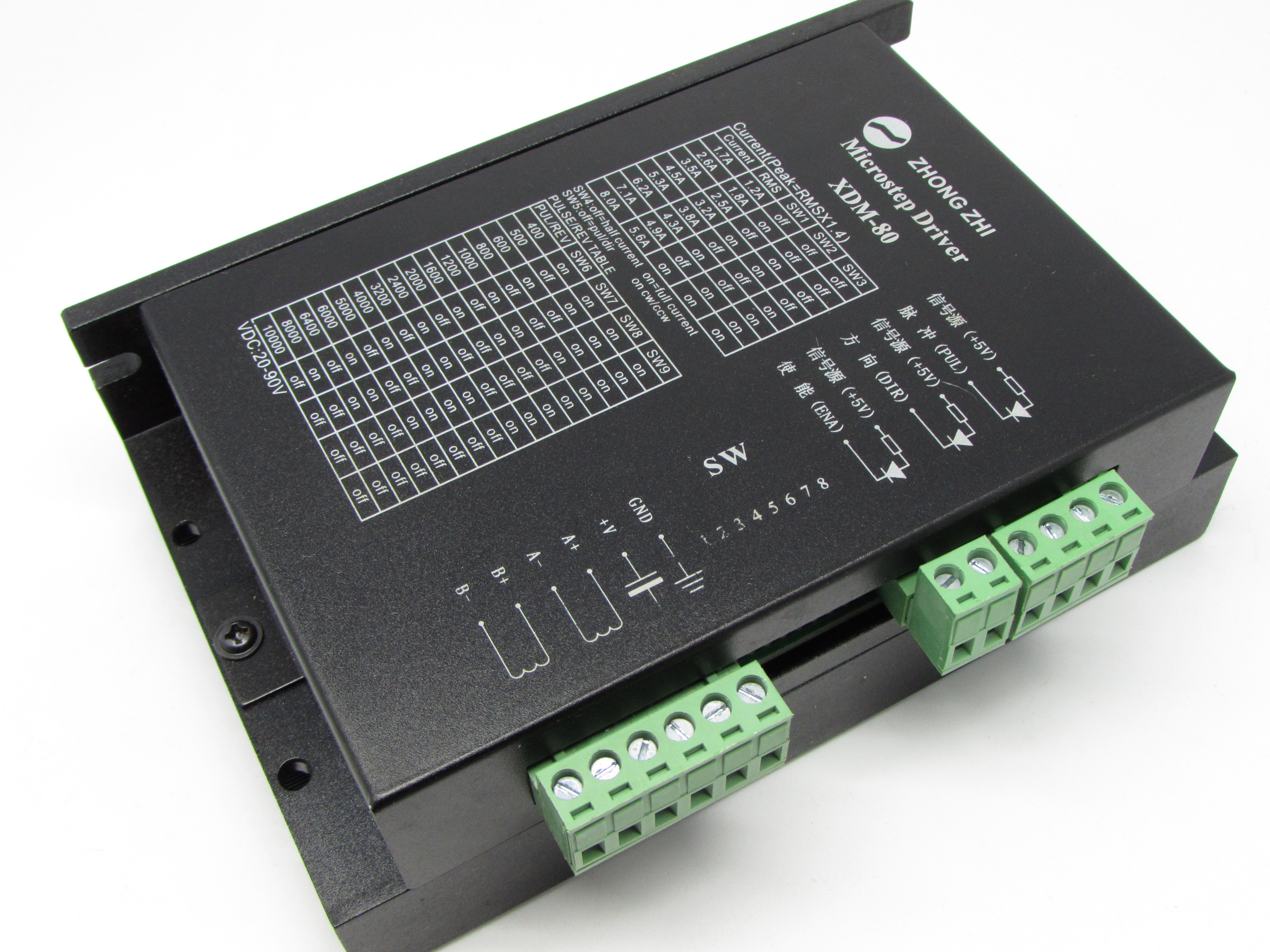 STEPPER MOTOR DRIVER (XDM-80)
FEATURES
POWER SUPPLY:20-90V DC T/VOL:DC:48V
PHASE CURRENT:1.70-8.0A
SLELECTABLE RESOLUTIONS:2,4,8,,,,50
TTL COMPATIBLE
SUITABLE FOR 2PHASE SERIES MOTORS:42,57,86
T/DIMENSION: 151*100*50MM