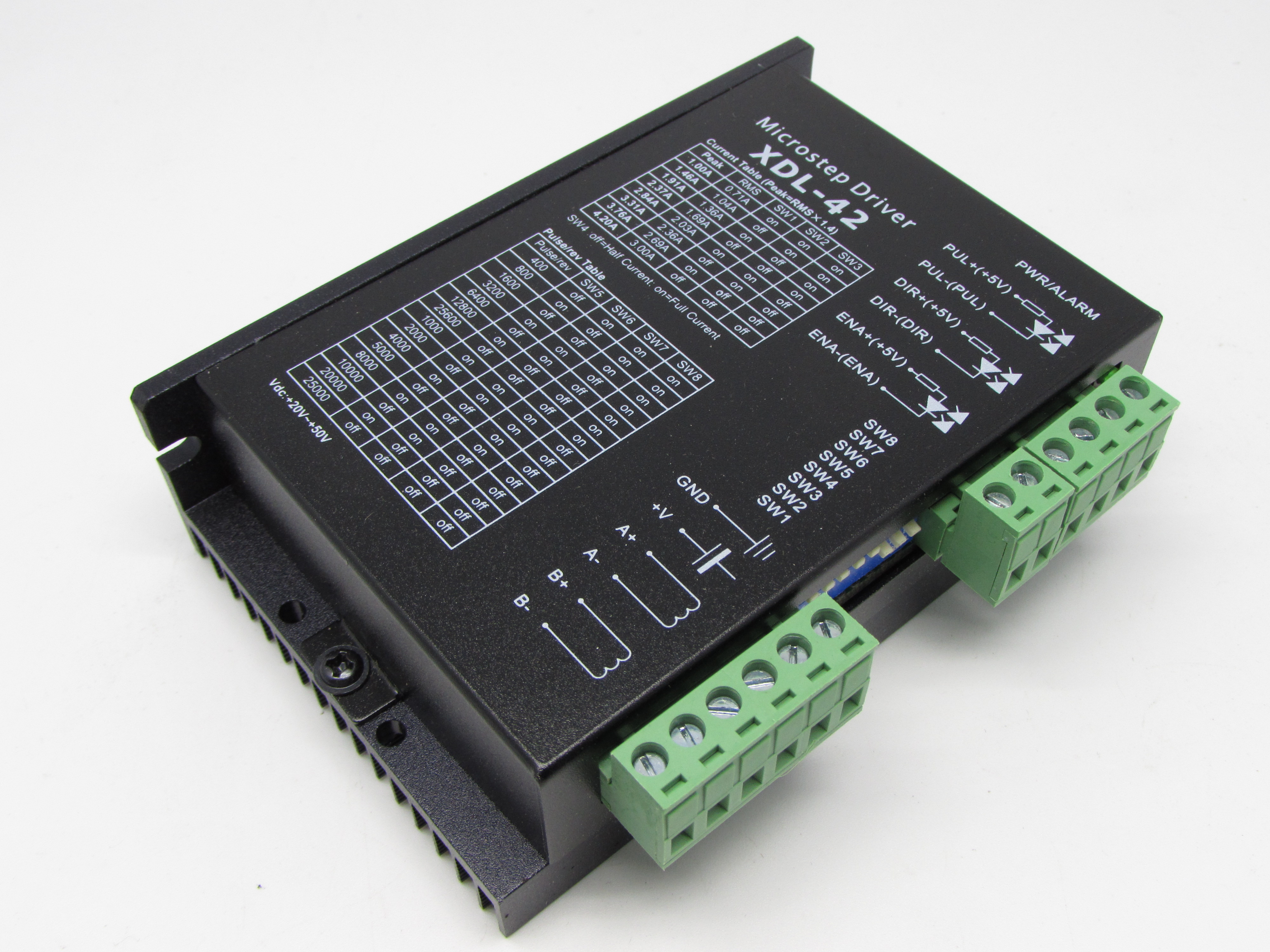 STEPPER MOTOR DRIVER (XDL-42)
FEATURES
POWER SUPPLY:15-40V DC T/VOL:DC:24V-30V
PHASE CURRENT: 1.0-4.2A
SLELECTABLE RESOLUTIONS:2,4,8,,,,128
TTL COMPATIBLE
SUITABLE FOR 2PHASE SERIES MOTORS:42,57,86
T/DIMENSION: 118*76*35MM