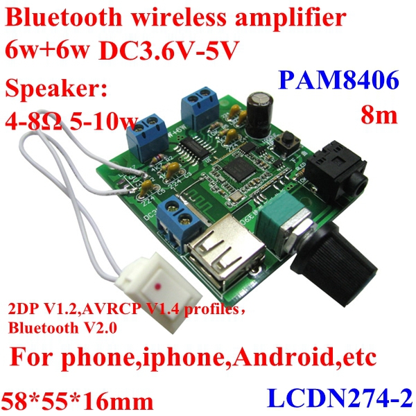 WIRELESS BLUETOOTH AUDIO AMPLIFIER BOARD WITH SWITCH 6W+6W DC3.6-5V PAM8406