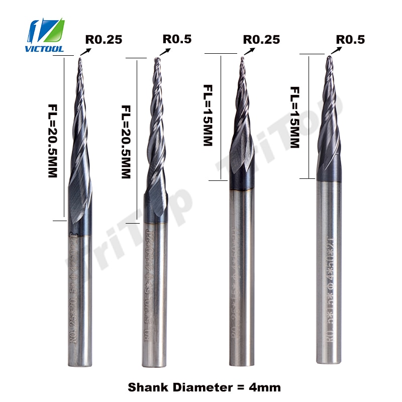 D4 TAPERED BALL NOSE END MILL ROUTER BIT
R0.25X20.5XD4X50X2T
RO.5X20.5XD4X50X2T
RO.25X15XD3.175X38X2T
RO.5X15XD3.175X38X2T